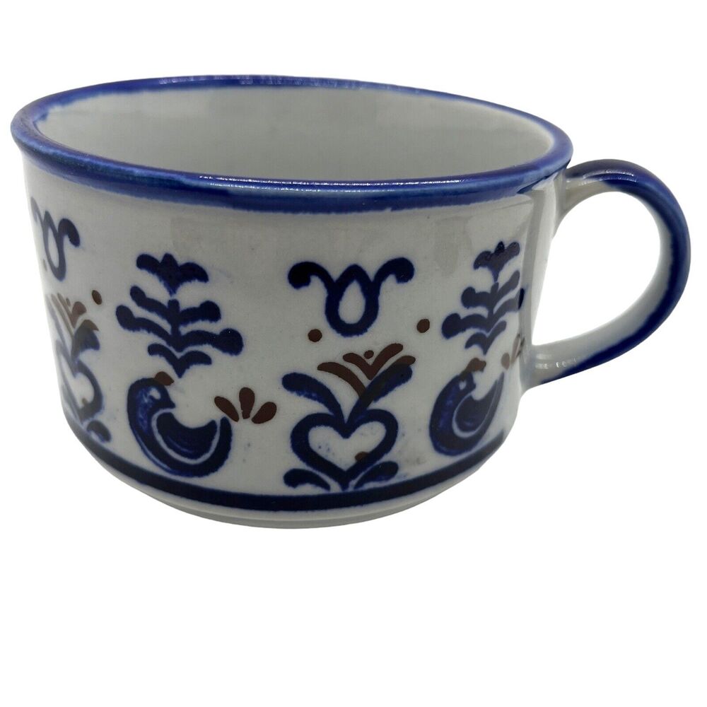 Soup Mug Bowl Handle Primitive Birds Made in Japan Vintage Stoneware Blue Heart
